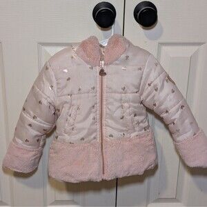 Betsey Johnson Girls Pink Winter Jacket w/ Faux Fur And Gold Hearts size 3T Soft